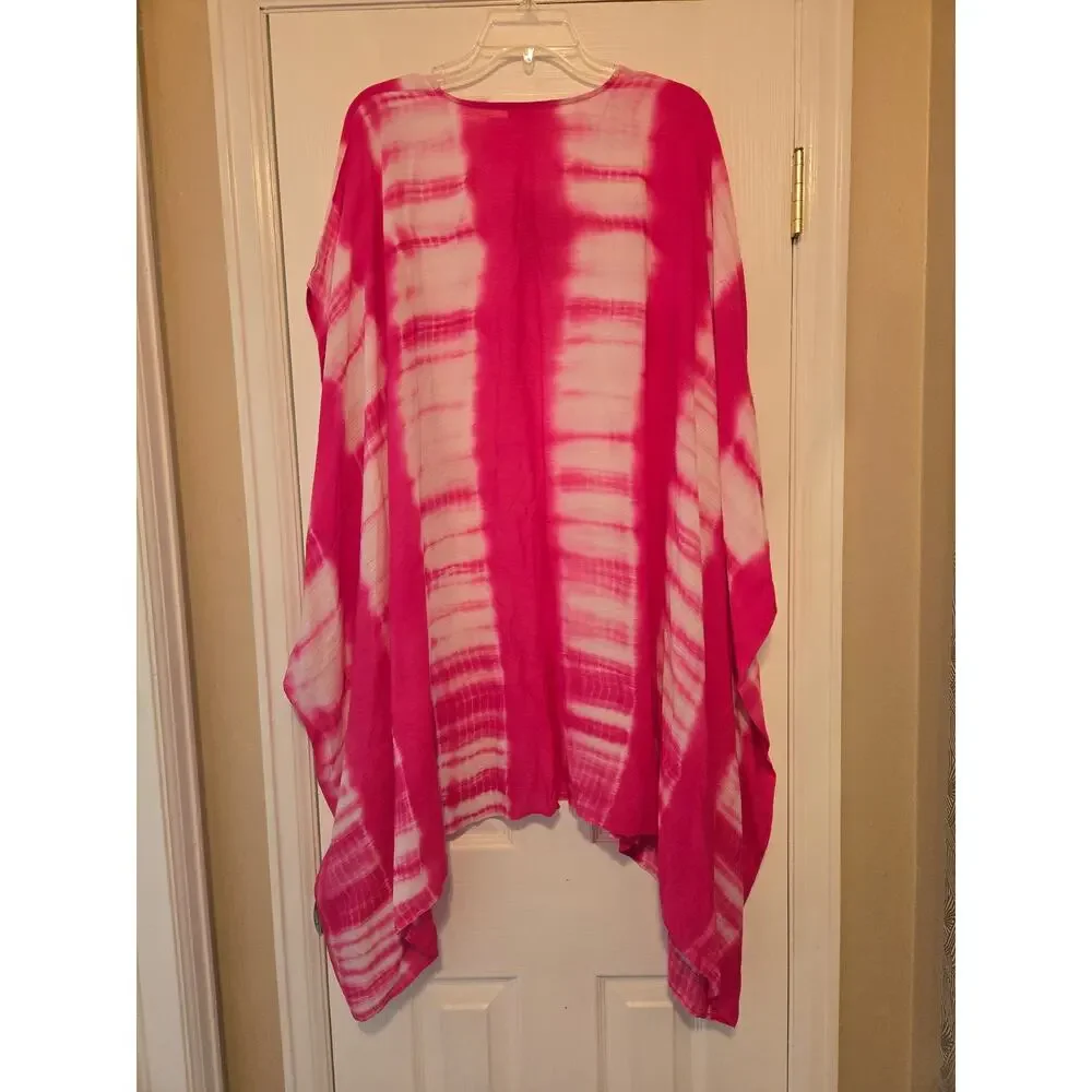 O/S EE:SOME Fuchsia White Tye Dye Ruana Kimono Coverup - Picture 3 of 6